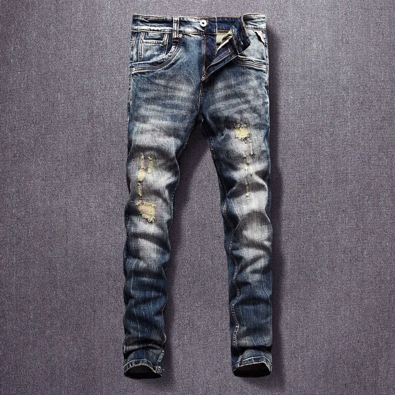 Модные мужские джинсы в итальянском стиле, ретро темно-синие эластичные хлопковые облегающие рваные джинсы, Мужская Уличная одежда, винтаж...