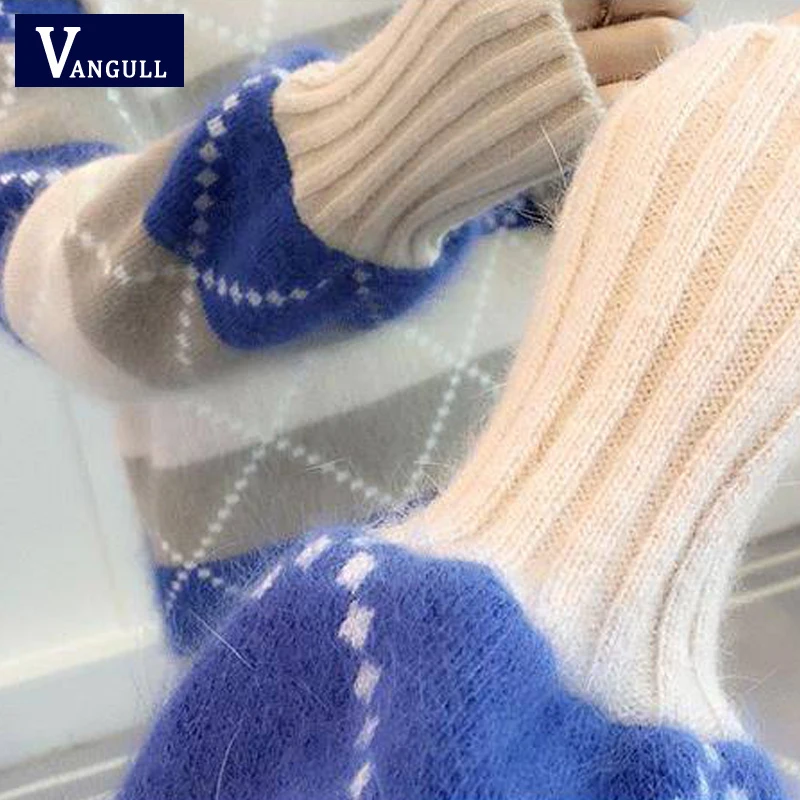 Vangull свитер в клетку с высоким воротником вязаный пуловер контрастного цвета