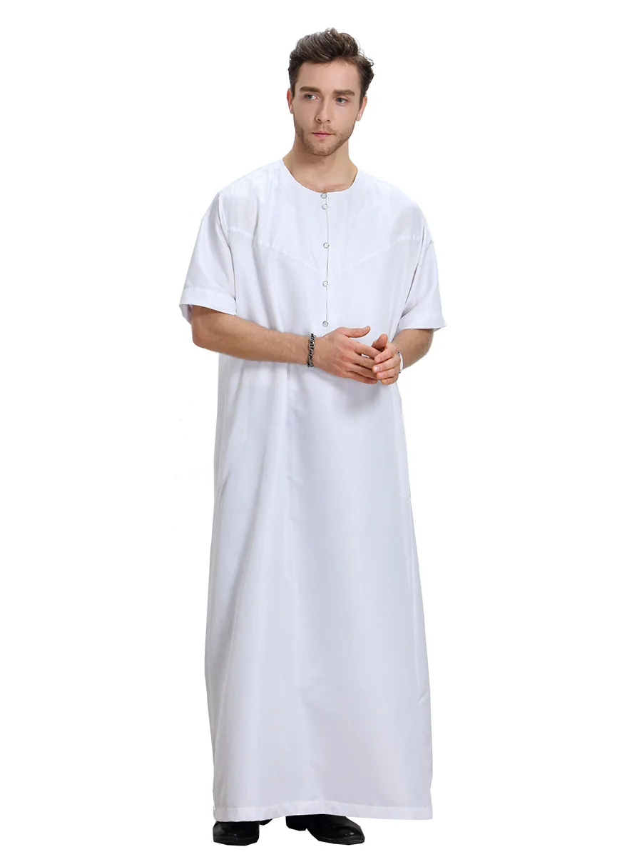 Summer Muslim Arab Clothing Men Jubba Thobe Short Sleeve Button Casual Robe Dubai Middle East Male Islamic Muslim Kaftan Robe