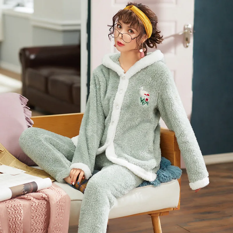 

Double coral cashmere pajamas for women autumn and winter cartoon hat with thick warm fashion home wear two sets