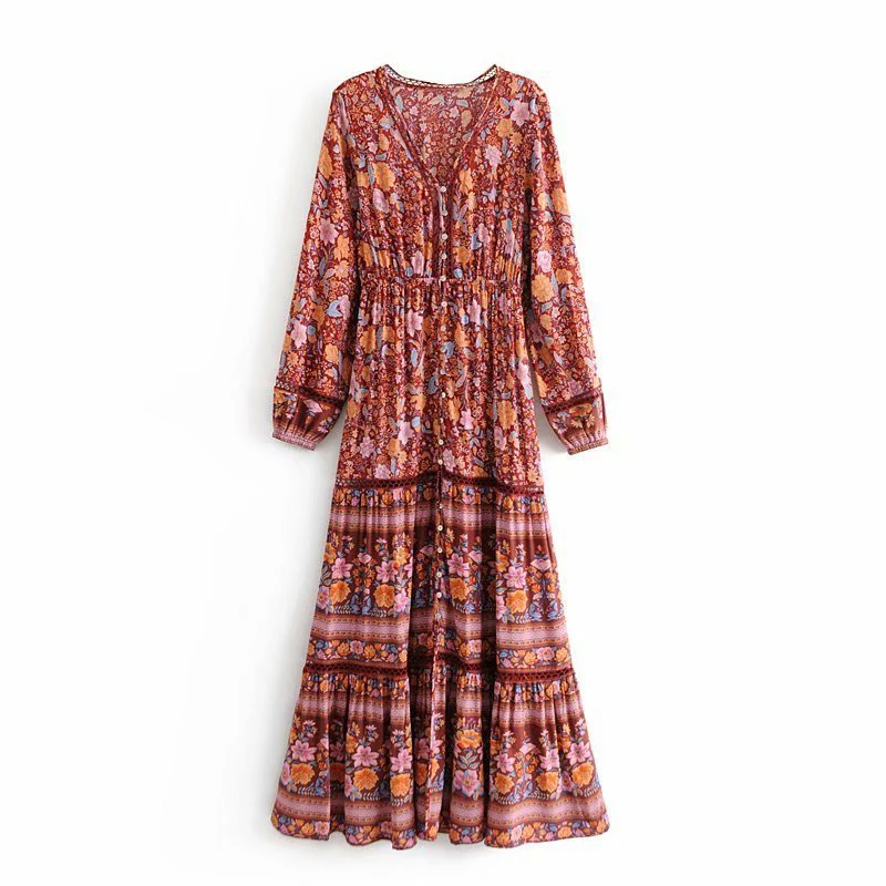 Женское длинное платье в стиле бохо с глубоким V образным вырезом и длинным