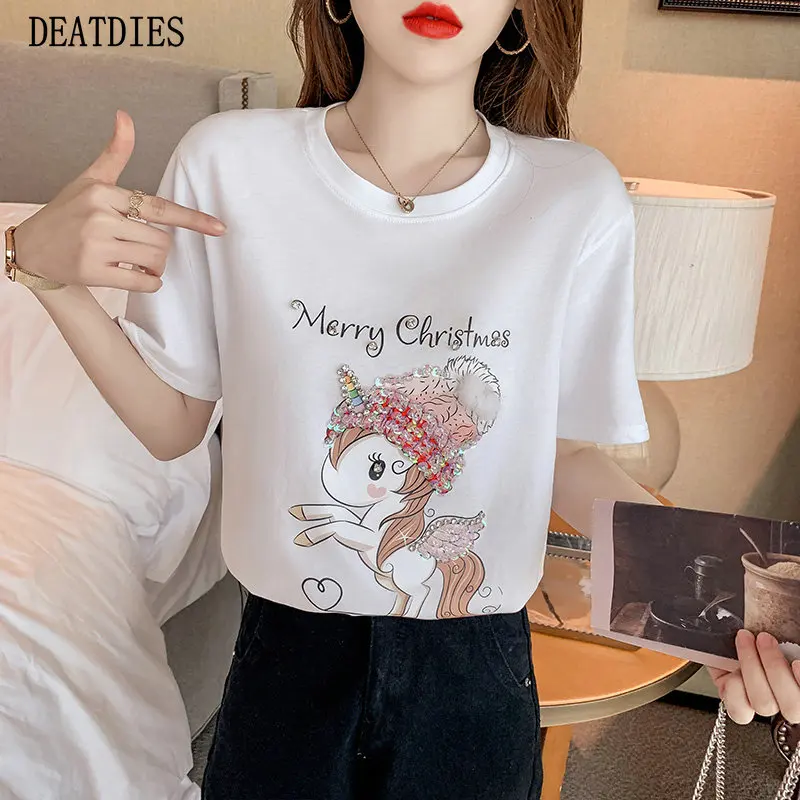

2021 Korean Beading Summer Short Sleeve Tshirts Harajuku Oversized T-shirts Womens O-Neck Solid Color Soft Cotton Fashion Tees