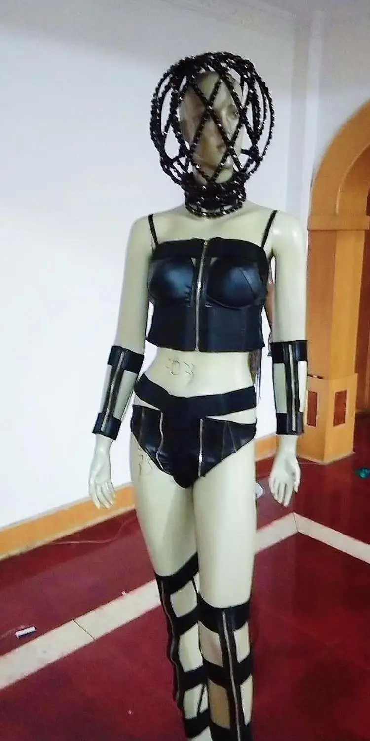 

Bar Nightclub Sexy Future Space Dance Outfit Women Black Leather Bandage Bikini Rhinestones Beads Headdress Set Singer Costume