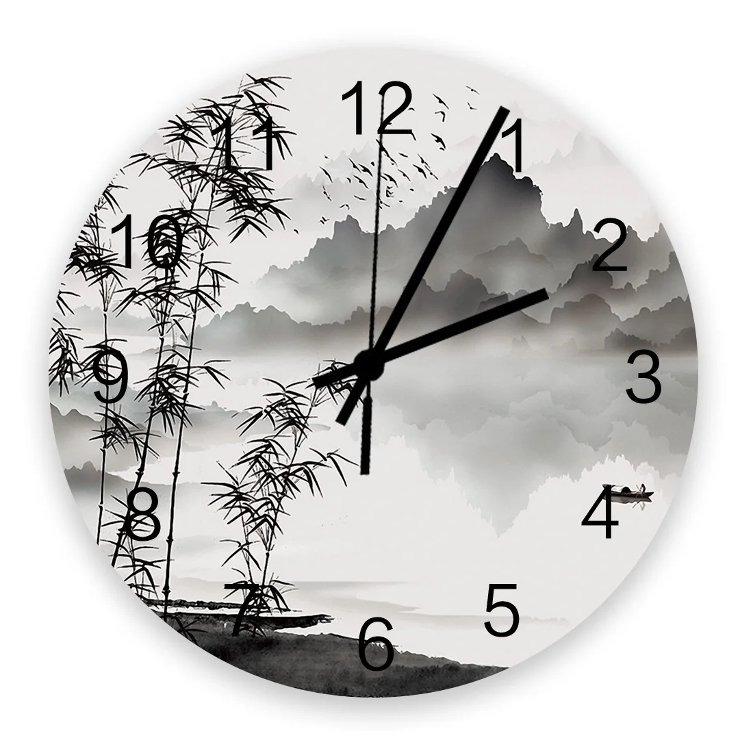 

Китайские чернильные настенные часы с рисунком пейзажа из бамбука, деревянные современные дизайнерские цифровые часы, домашние настенные ...