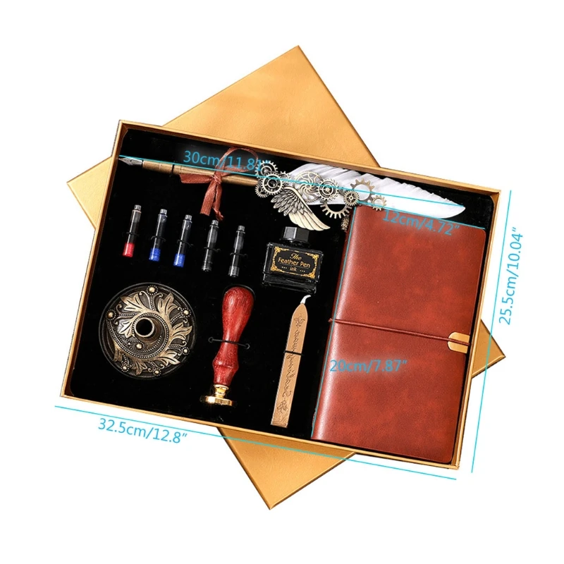 

Retro Feather Dip Pen Seal Stamp Wax Set with Ink Bag Ink Extraction Tube Pen Feather Notebook Fire Paint Seal Stationery Gift B