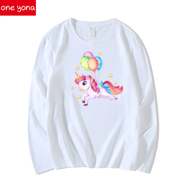

2021 Ladies Long Sleeve T-shirt Unicorn Print Oversized Loose Simple Style Ladies Top
