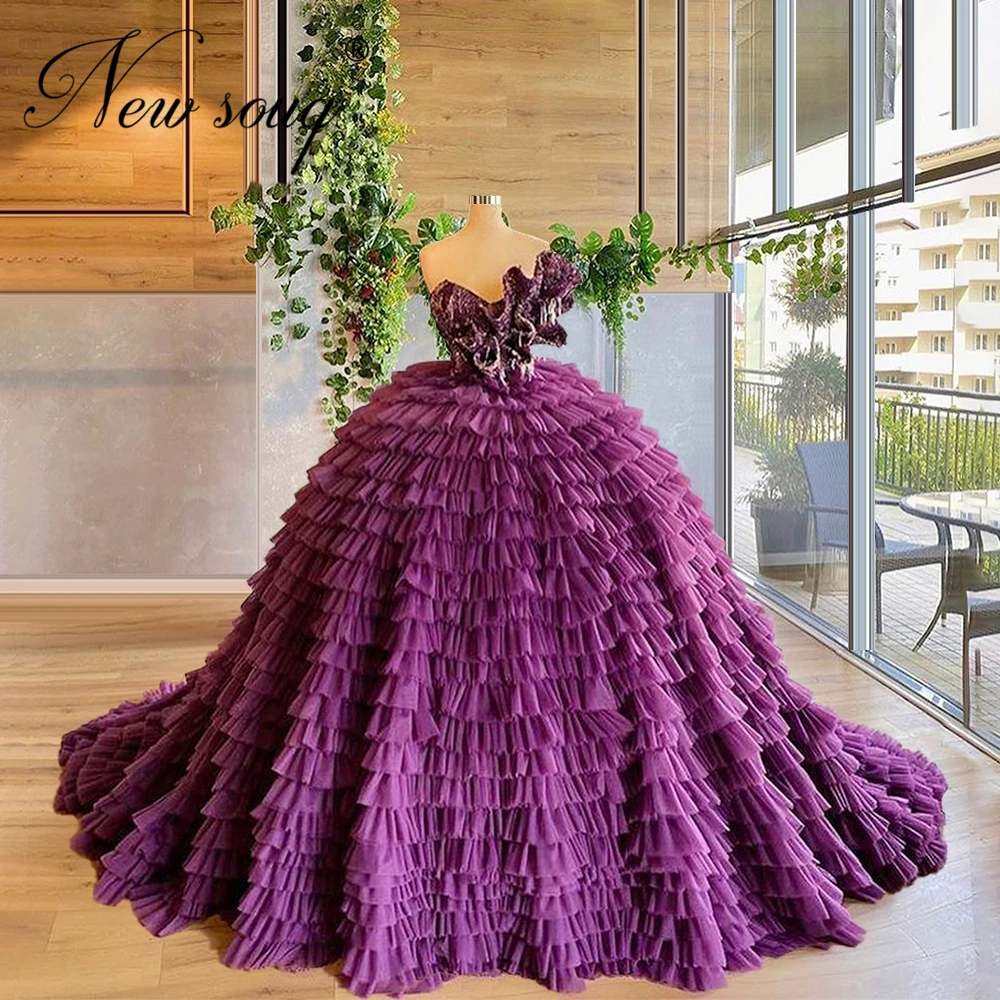 

Purple Tiered Long Evening Dresses 2020 Puffy Ball Gown Beaded Tulle Arabic Dubai Women Formal Party Dress Prom Gowns With Train