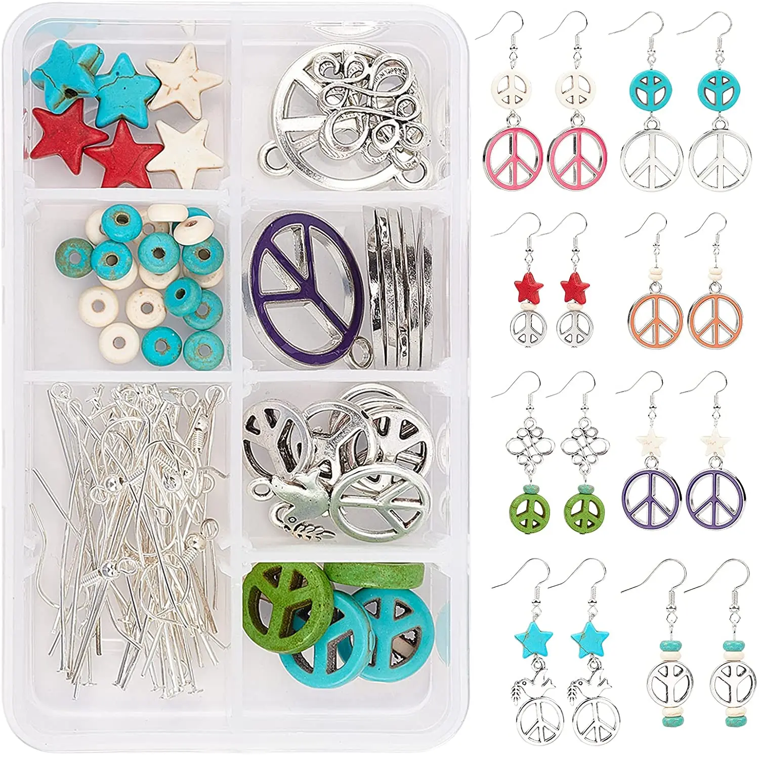 

1 Box 8 Pairs Peace Sign Dangle Earrings Making Kit with Turquoise Peace Love Charm Starfish Spacer Beads Celtic Knot Connectors