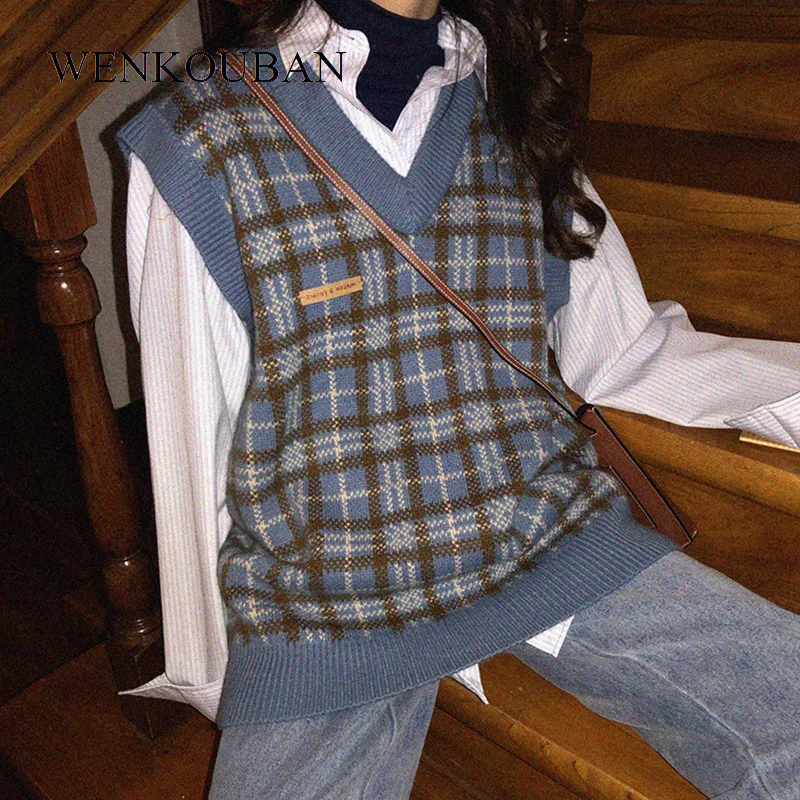 

Sweater Vest Women Plaid Vintage Harajuku Street-wear V-neck Sleeveless Tops Women Knitted Sweater Loose Casual Femme Veste 2022