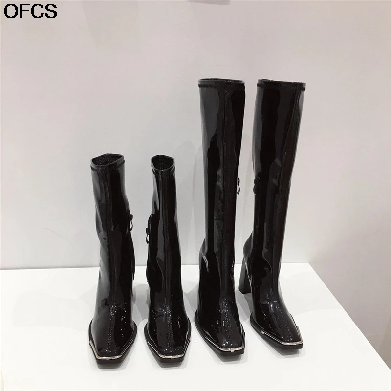 

Autumn New Women Boots PU Knee High Long Boots Women Fashion Black Square High Heels Boots Shoes Woman Botas de mujer