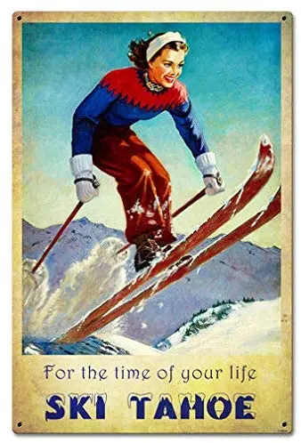

SIGNCHAT Vintage Style Metal Sign Ski Tahoe Time of Life Outdoor Decoration Props Plaque Sign 8x12 inch
