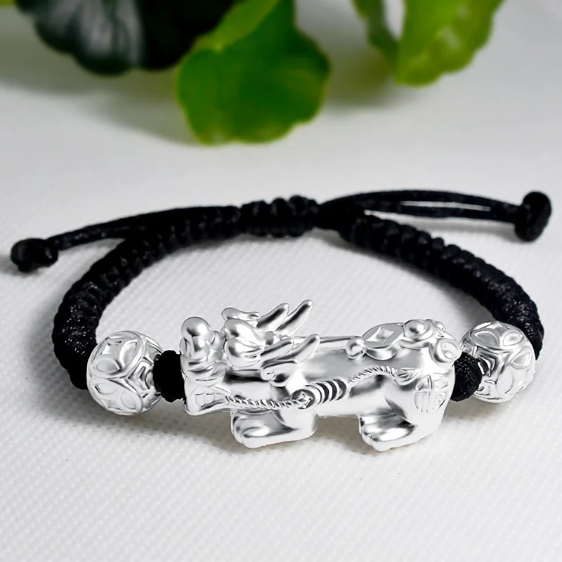 Новый посеребренный браслет PIXIU рукоделие Черная веревка для пар серебряный