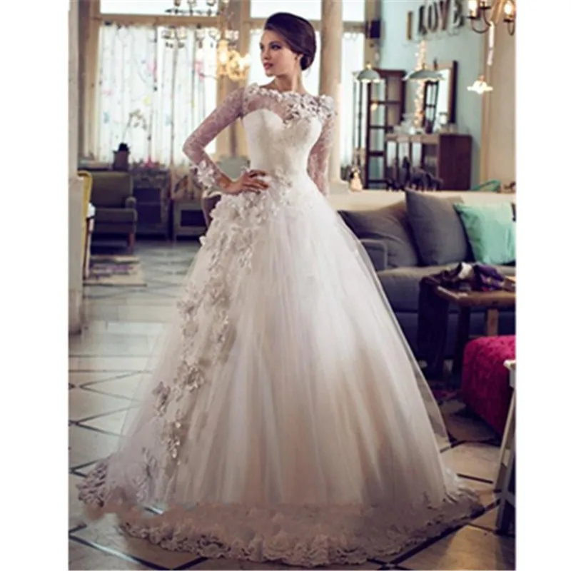 

2016 Elegent Floor-Length Sweetheart Cap Sleeve Appliques Ball Gown Princess Wedding Dresses With Long Sleeves Vestido Casamento