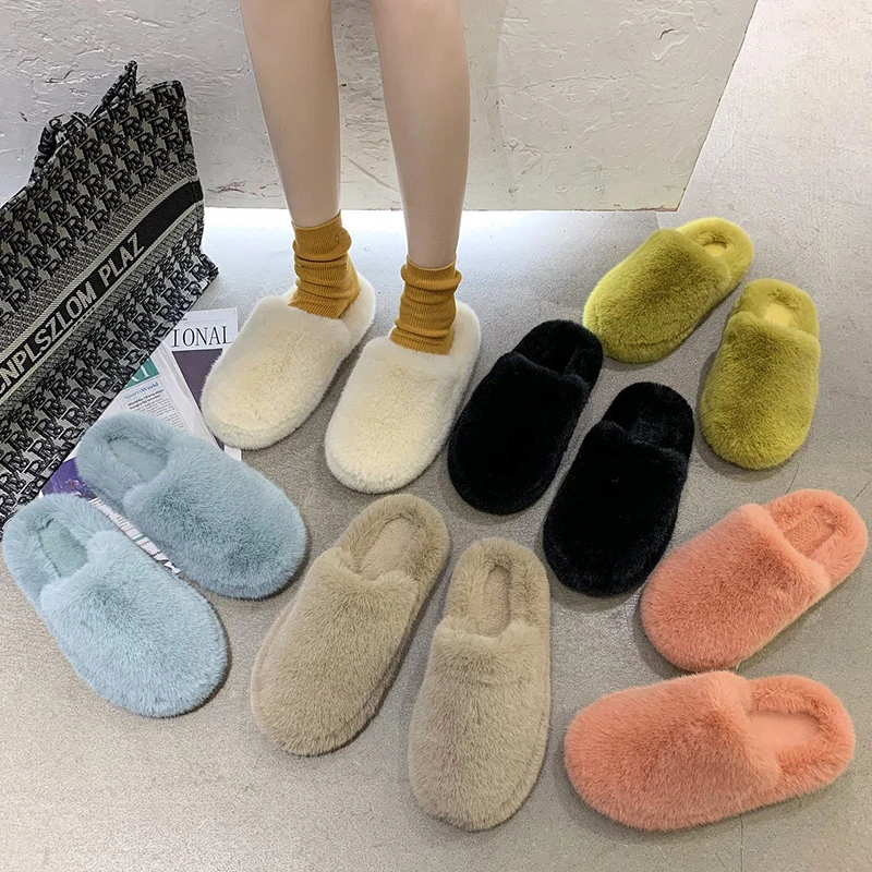 

Winter Indoor Women Half Fur Slippers Solid Color Faux Fur Warm Soft Flat Shoes Slip on Sell Well Home Bedroom Ladies Slipper