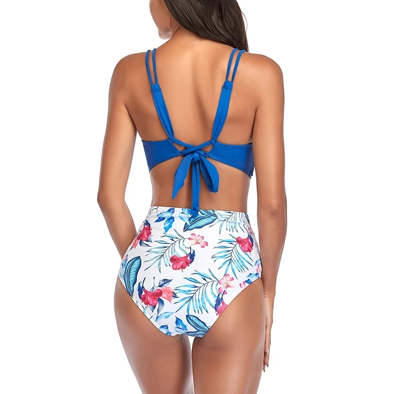 

Sexy High Waist Bikini Set Leaf Print Swimsuit Bandage Style Cross Backless 2021 Bathing Suit For Women Push Up Beachwear XXL