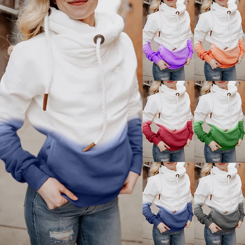 

Contrast Stitching Hooded Turtleneck Women Casual Solid Contrast Long Sleeve Hoodie Sweatshirt Tops Female Hooded Jumper