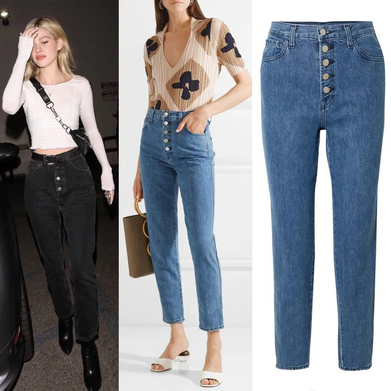 

Женские прямые джинсы, брюки XL на осень и зиму, новинка 2020, джинсы JB в стиле ретро с высокой талией, однобортные, джинсы в девять точек, женски...