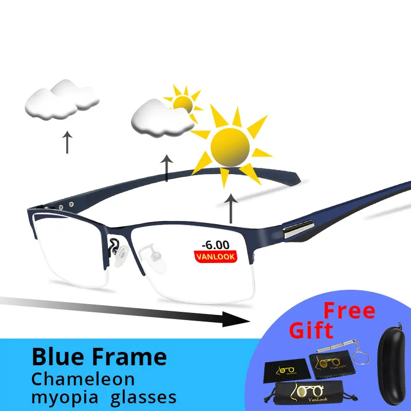 Blue-6.00 Близорукость, мужские компьютерные очки, фотохромные солнцезащитные очки, хамелеон, анти синий луч, игровой прицел по рецепту-1,25-1,75-5-5,5-6,0 - Цвет оправы: Blue-6.00