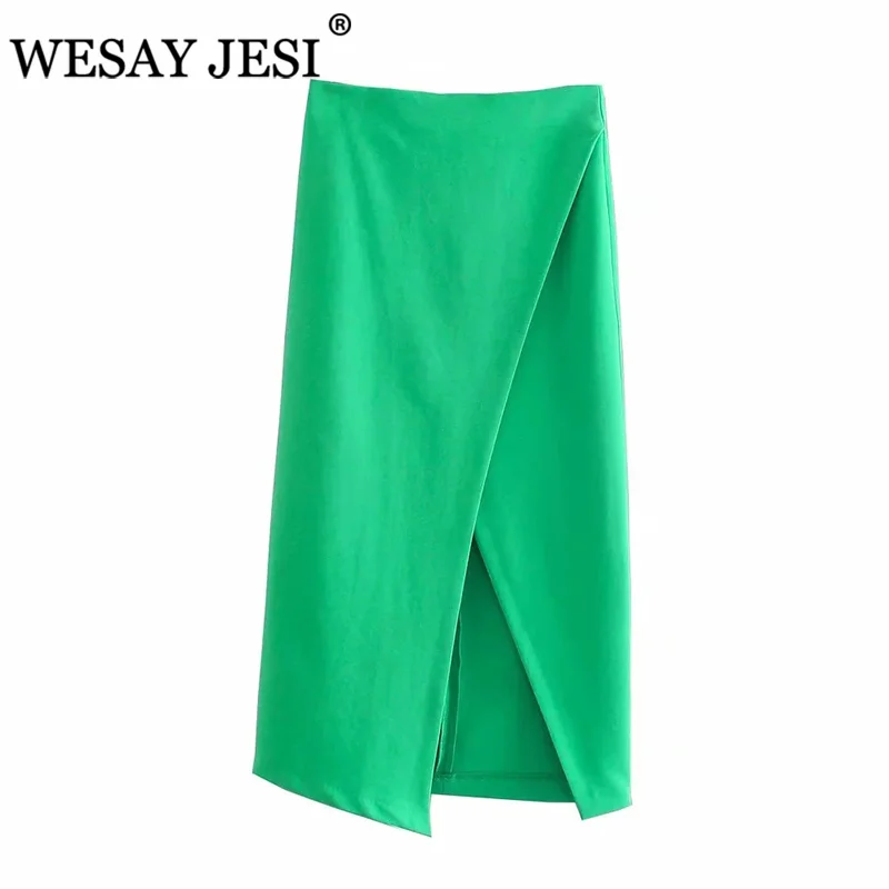

WESAY JESI Green Skirt TRAF ZA Fashion Vintage Green Asymmetric Slit High-Waisted Skirt Elegant Woman Clothes Summer Long Skirt