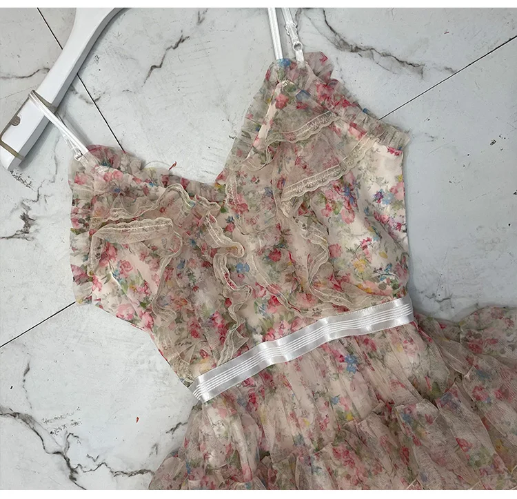 

2021 Summer New Vintage Camisole Maxi Dress Women Elegant Backless V-neck Long Print Cake Female Sleeveless Sling Dress