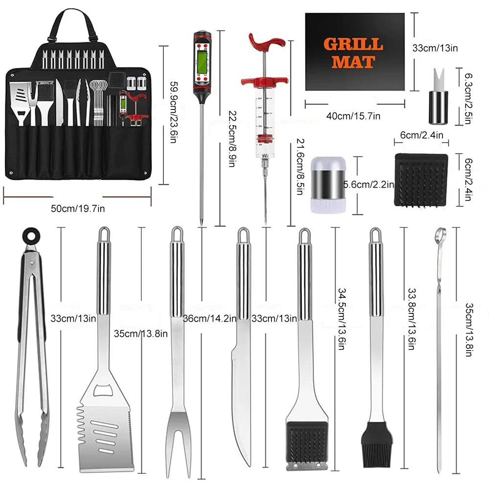 

27 PCS BBQ Grilling Tool Skewers Tongs Spade Brush Glove Camping Grill Set Stainless Steel Barbeque Accessories for Outdoor