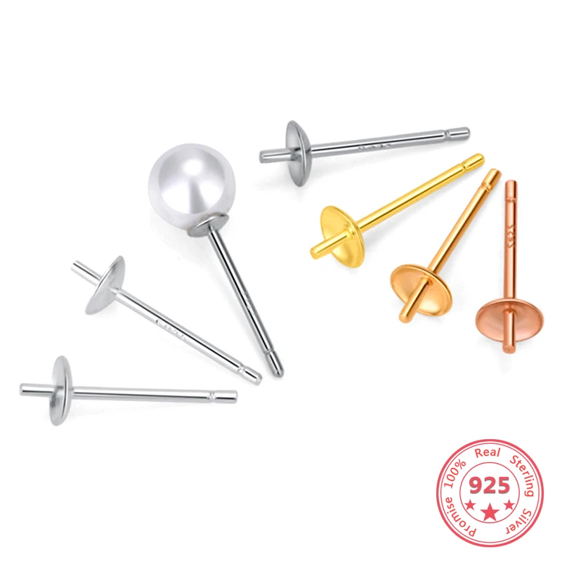 

4pair 925 Sterling Silver Color Cabochon ear Needle Backs Settings Blank Round Base Stud Ear Flat Base Plug DIY Jewelry
