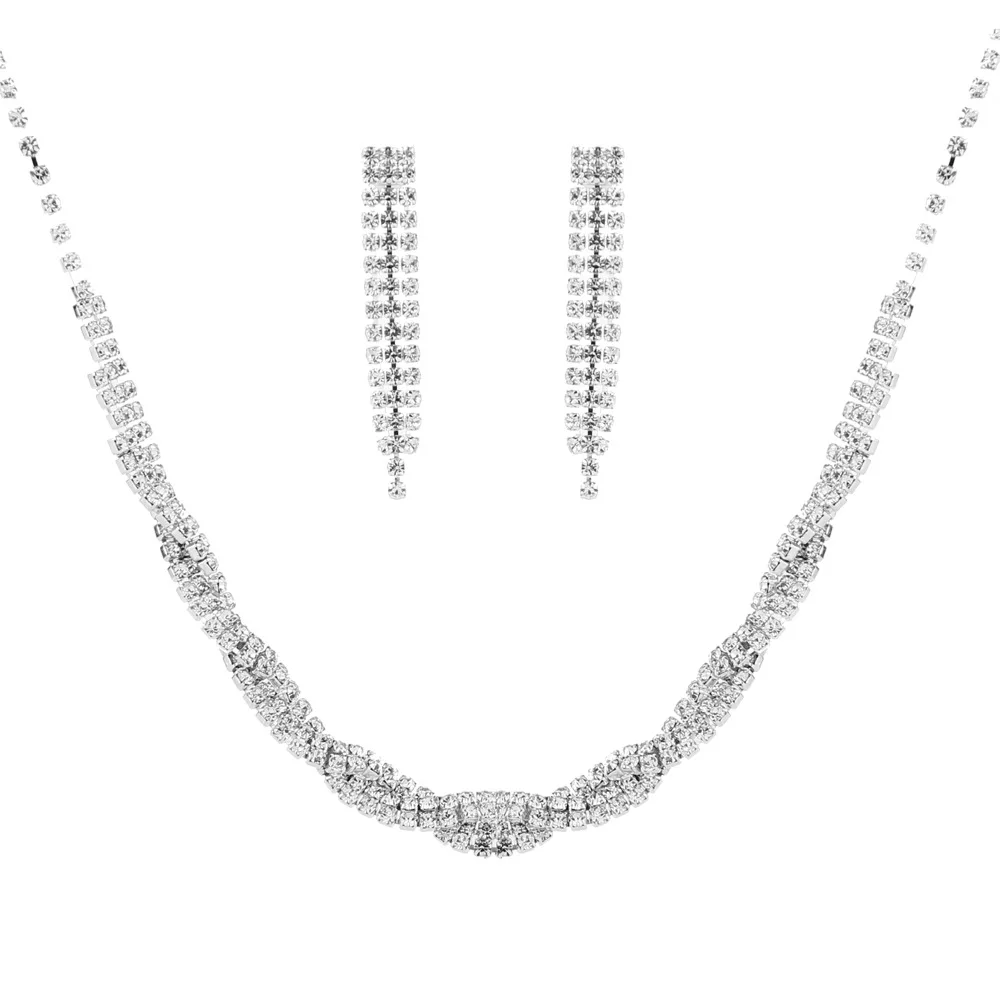 

HE22 уникальное волнистое витое свадебное ожерелье серьги набор цепочек Кристалл посеребренный Циркон комплект ювелирных изделий