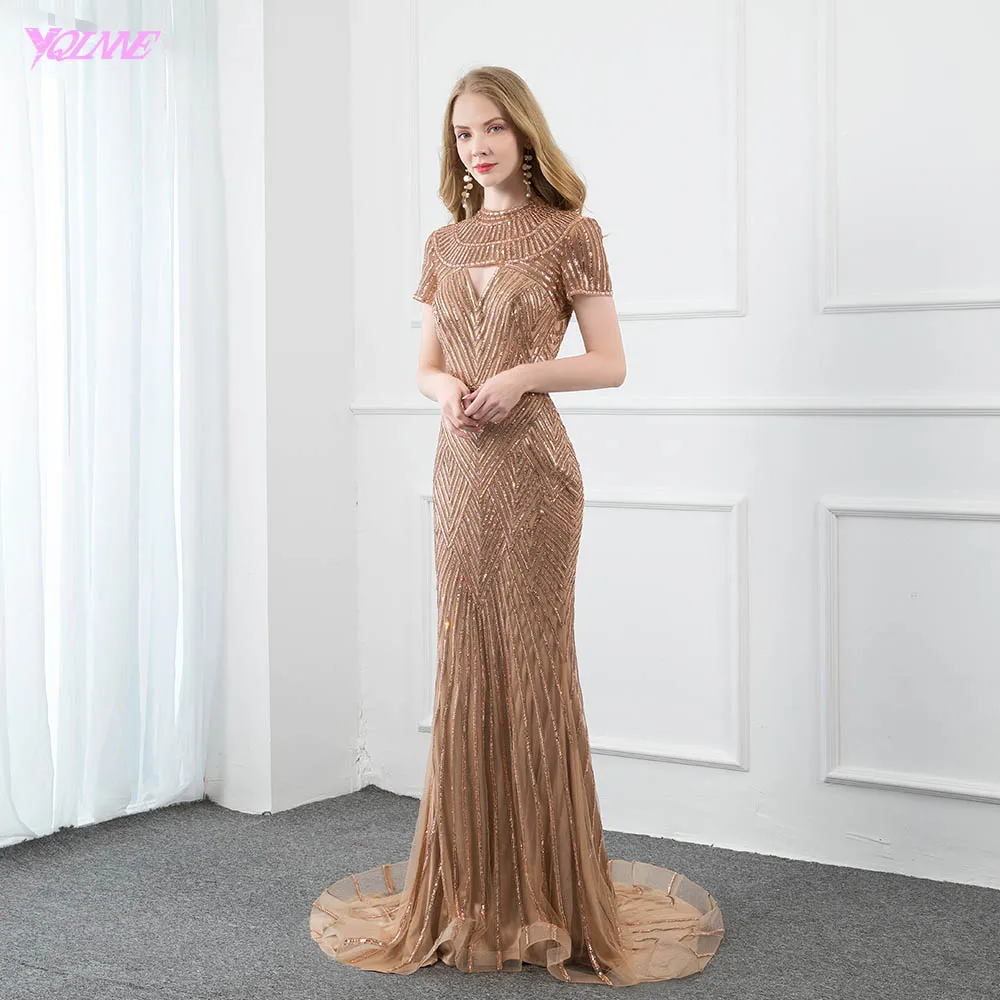 YQLNNE Couture розовое Золотое вечернее платье с коротким рукавом длинное юбкой-годе