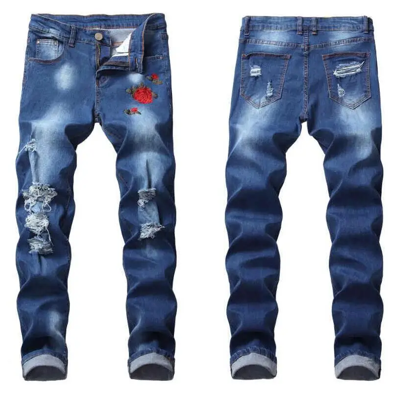 VXO Men's Jeans Slim Embroidered Hole Jeans Embroidered Flower Men's Denim Pants Men Clothing