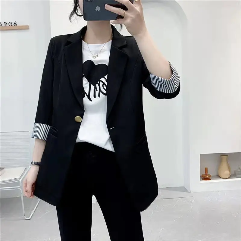 

Fashion Women's Jackets Spring 2021 OL Jacket Female Oversize 4XL Notched Collar Striped Sleeve Blazers Silm Office Suit Mujer