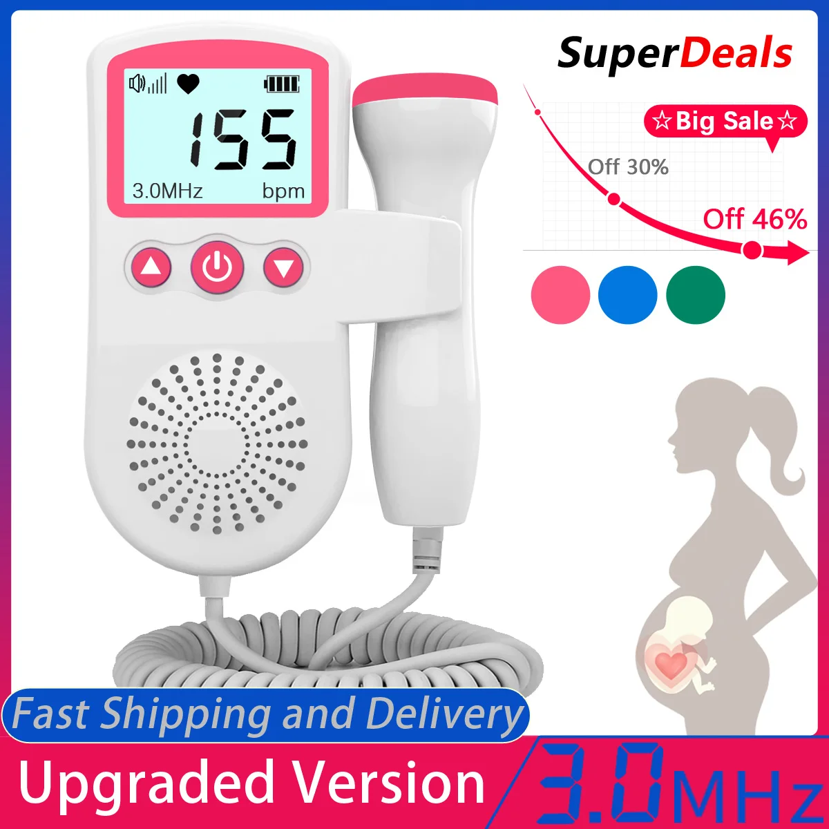 

3.0MHz Doppler Fetal Heart Rate Monitor Home Pregnancy Baby Fetal Sound Heart Rate Monitor LCD Display No Radiation