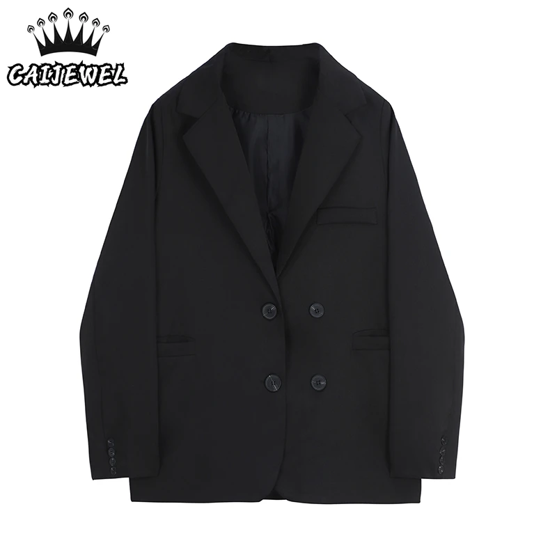 Black Women Blazers Coat Casual Tops Office Ladies Baggy Double Breasted Korean Fashion Senior Sense of Design Jackets Blazer