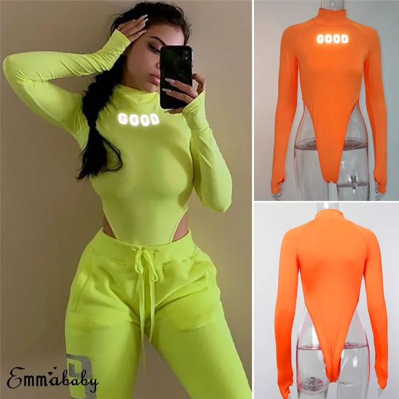 

Sexy Women Reflective Letter Print Neon Green Playsuit Bodysuit Clubwear Long Sleeve Autumn Slim Jumpsuit Rompers Tops hirigin