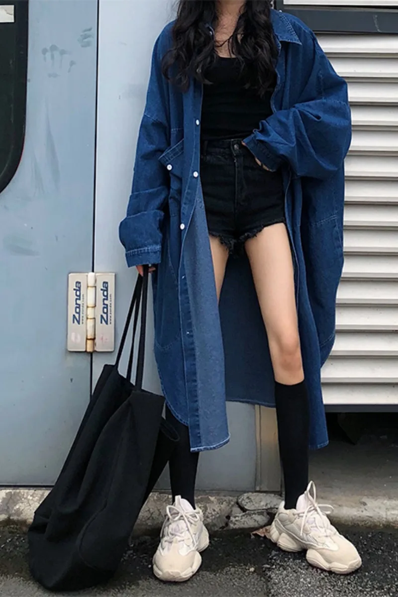 

Sping Spliced Plus Size Denim Windbreaker Trench For Women Long Loose Streetwear Female Wide Waisted Coat Over Knee Windbreaker