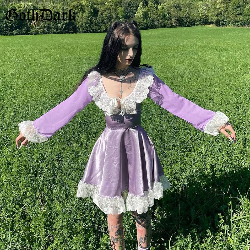 Женское атласное платье Goth Dark с оборками кружевное ТРАПЕЦИЕВИДНОЕ в готическом