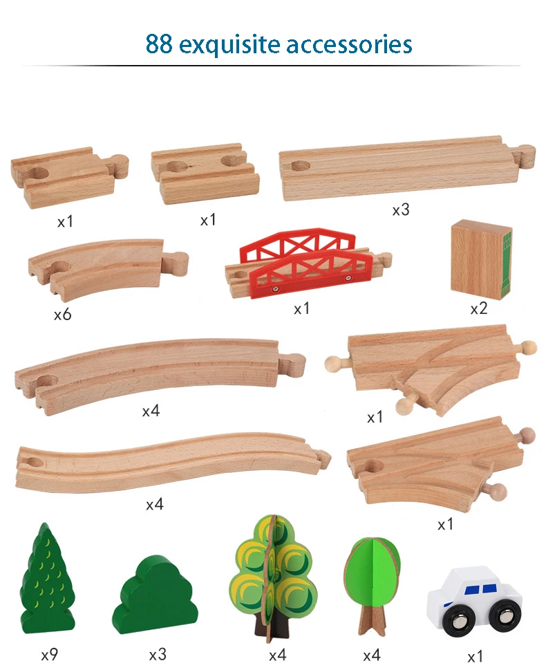 88pcs Montessori Wooden small train track set magnetic electric car head 3-7 years old boy building blocks children's toys