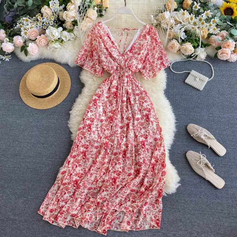 Женское пляжное платье Ins Сексуальное Тонкое шифоновое с v-образным вырезом