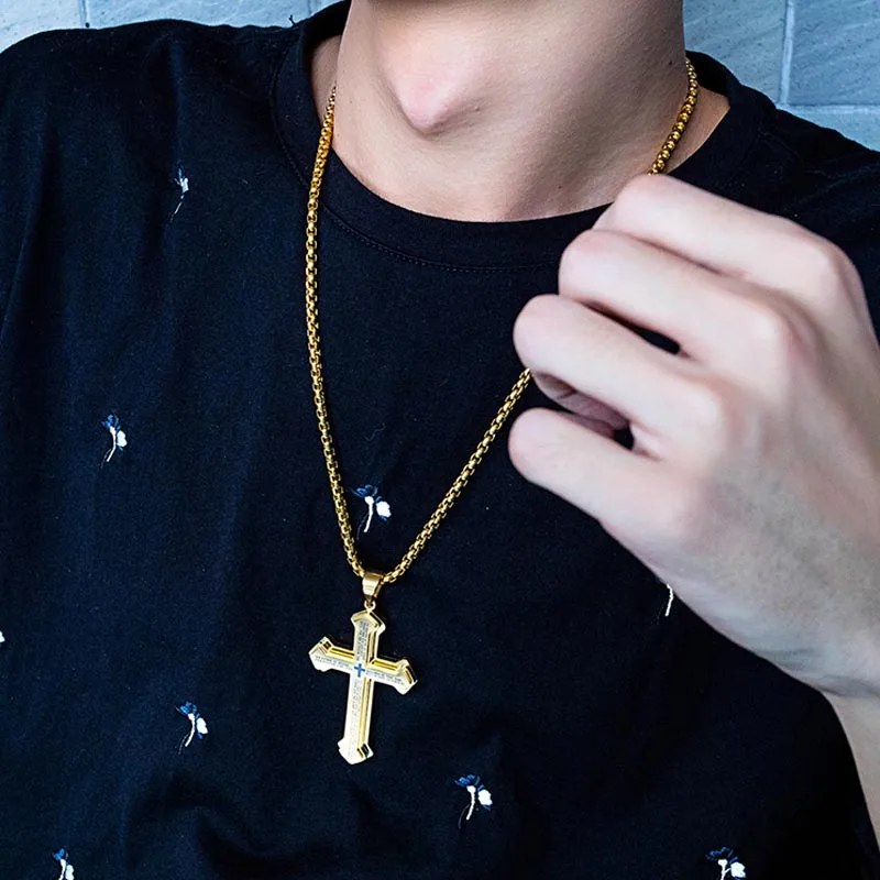 Мужское трехуровневое Библейское ожерелье с крестом из нержавеющей стали черное