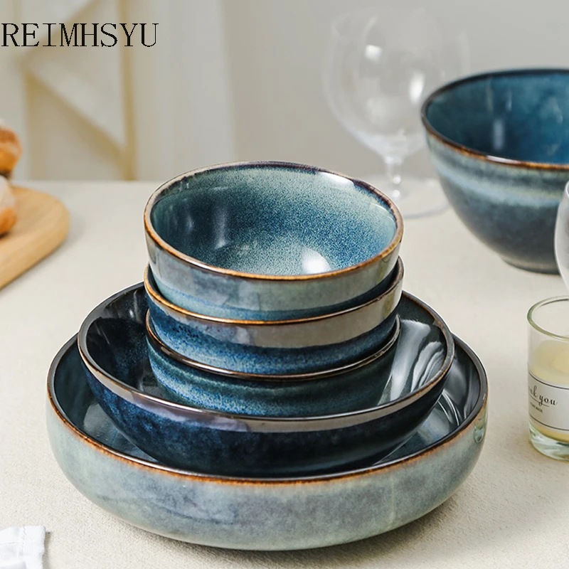 

1PC RELMHSYU Japanese Style Kiln Glazed Ceramic Blue Rice Vegetable Soup Noodle Dinner Bowl Round Steak Dessert Plate Dish
