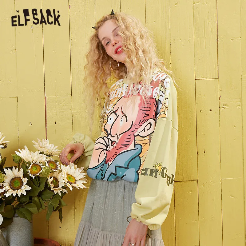 ELFSACK Green Graphic Print Loose Casual Pullover Sweatshirt Women 2020 Spring New Long Sleeve Korean Style Ladies Daily Tops | Женская