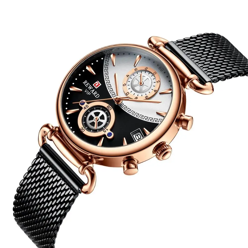 REWARD Couple Watches Anniversary Lover Gifts Stainless Steel Mesh Band Multifunction Date Men Women Calendar Wristwatch