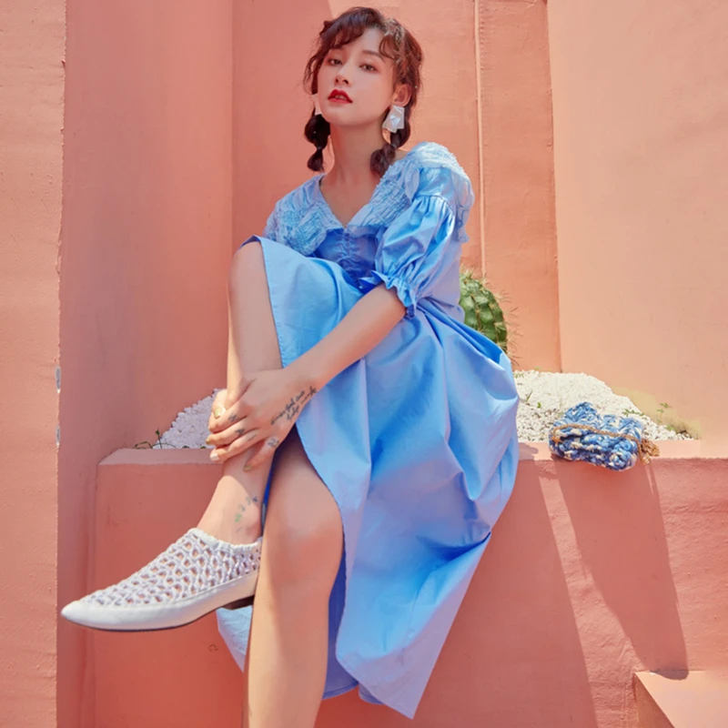 GALCAUR Summer Sequin Drawstring Dress For Women Peter Pan Collar Puff Sleeve Ruched Loose Female Fashion 2020 Korean New | Женская