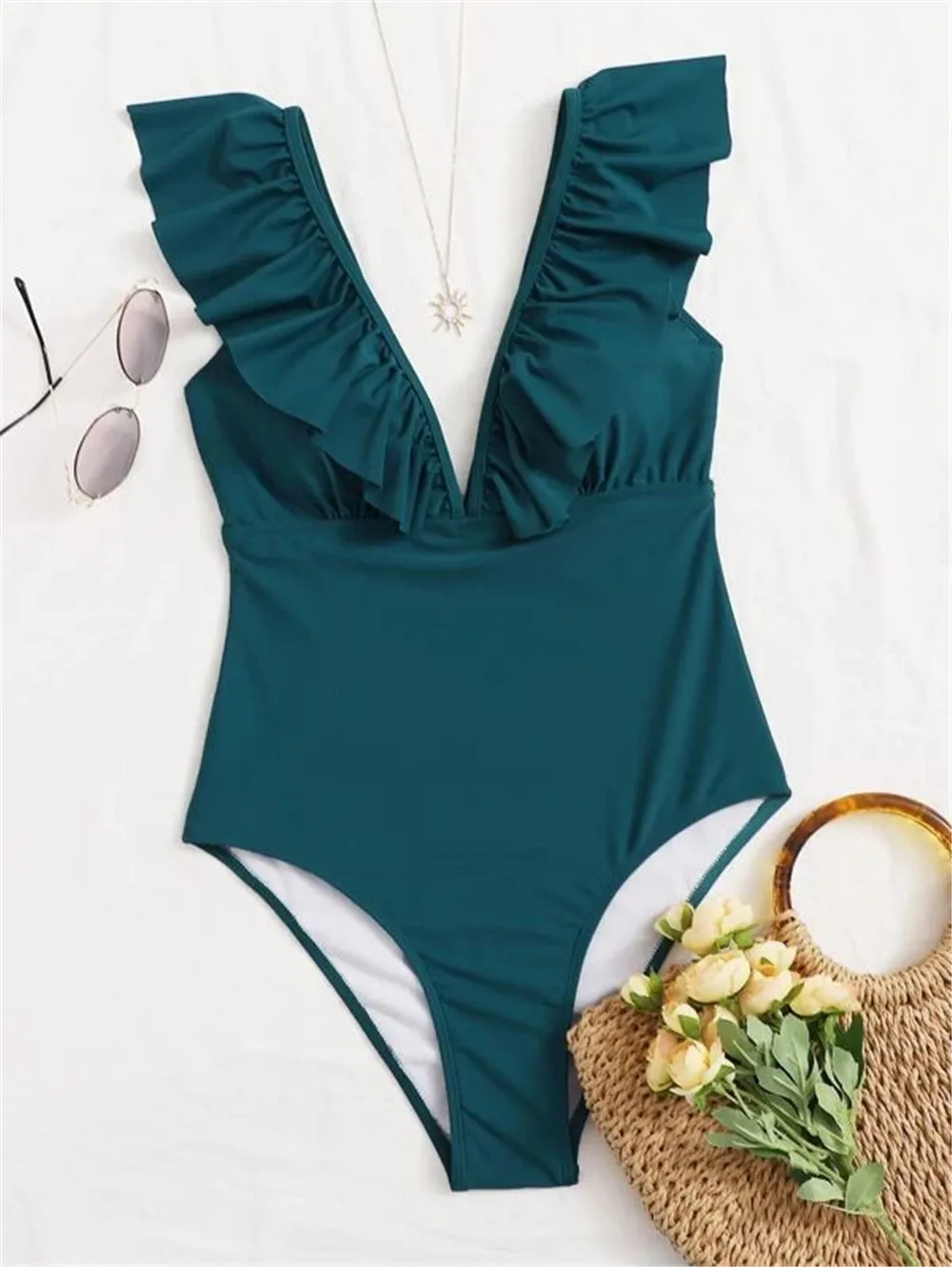 

Solid Green Teal Plunging One-Piece Swimsuit Women Ruffle Ruched Monokini 2021 Girl Beach Bathing Suits Bathing Suit Women