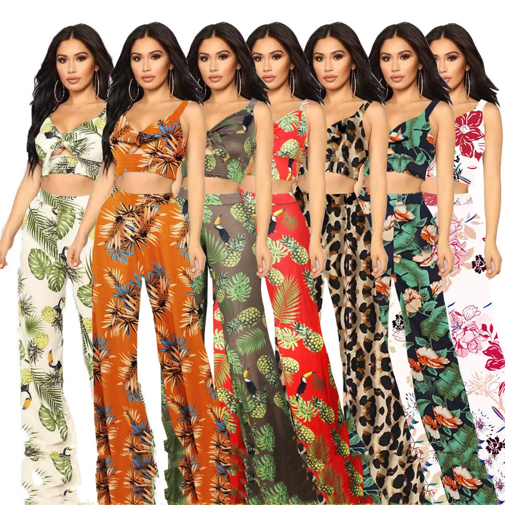 

Bohemian Beach Women Two Piece Set Summer Printed Sleeveless Crop Top & Wide Leg Loose Pants Set