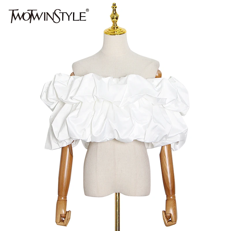 

TWOTWINSTYLE Elegant Ruched White Shirt For Women Slash Neck Lantern Sleeve Short Blouse Female Fashion New Clothing Summer