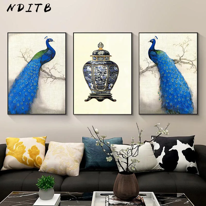 Европейский Винтажный стиль ваза павлина холст постер скандинавский настенный