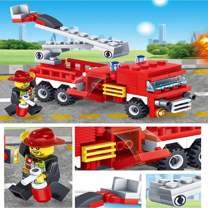 348 шт. обучающий пожарный автомобиль вертолет лодка модель строительные блоки