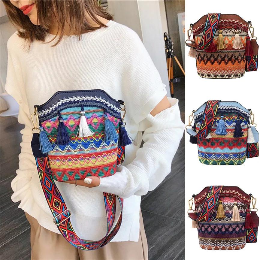 Женские сумки через плечо в стиле ретро модные шерстяные тканые с кисточками