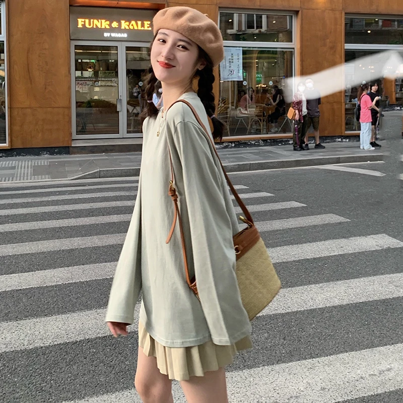 Женская футболка с длинным рукавом TingYiLi Повседневная Свободная длинная в