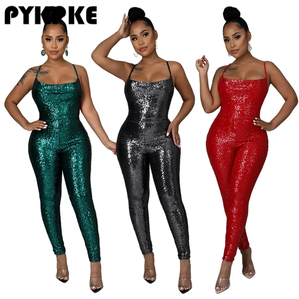 

Spring Sequined Jumpsuits Sleeveless High Waist Bodycon Shinny Elegant For Evening Party Night Club Rompers